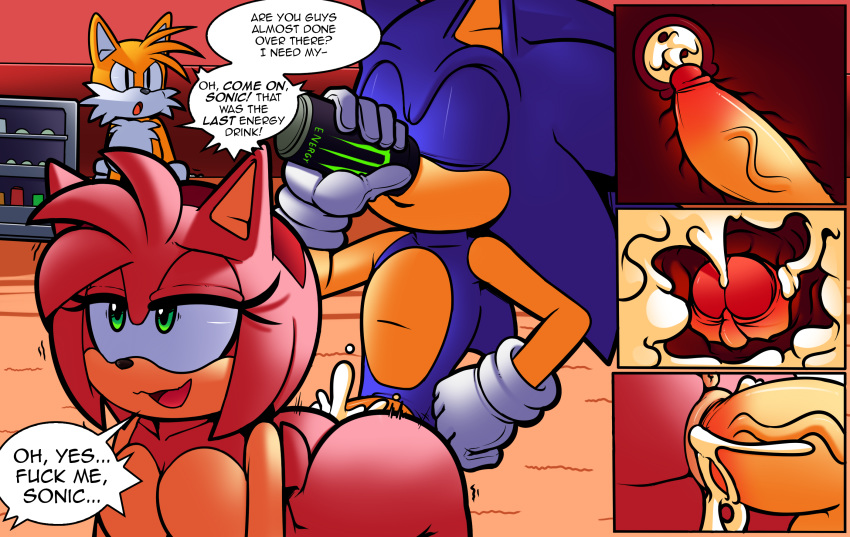 1girl 2boys amy_rose animal_ears ass breasts character_name cum cum_in_pussy cute dreamcastzx1 from_behind furry green_eyes internal_cumshot miles_"tails"_prower penis pink_hair pussy semen sex short_hair smile sonic_(series) sonic_the_hedgehog speaking text vaginal vaginal_penetration