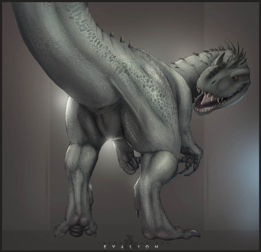 1girl 2015 absurd_res anthro anus claws dinosaur english_text evalion feral high_res indominus_rex jurassic_park jurassic_world looking_back open_mouth pussy red_eyes scales scalie sharp_teeth spikes talons teeth text