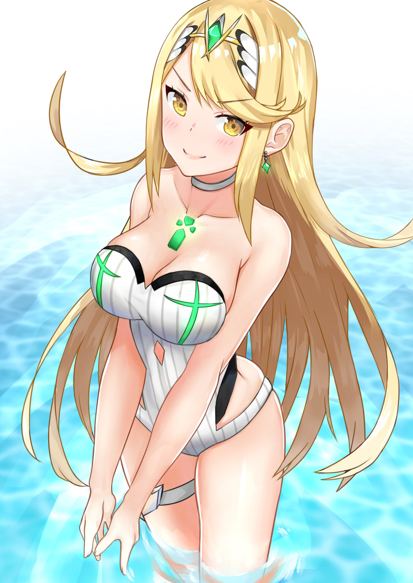 1girl absurd_res alluring blonde_hair blush breasts choker cleavage closed_mouth collarbone earrings eyebrows_visible_through_hair high_res jewelry leg_garter long_hair looking_at_viewer medium_breasts mythra mythra_(xenoblade) nintendo ojun one-piece_swimsuit partially_submerged smile standing striped swimsuit tiara vertical-striped_swimsuit vertical_stripes voluptuous water white_choker white_swimsuit xenoblade_(series) xenoblade_chronicles_2 yellow_eyes