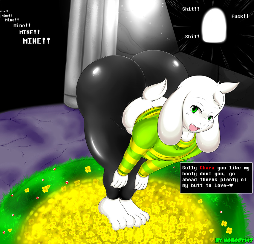 1boy anthro asriel_dreemurr ass big_ass clothed clothing digital_media_(artwork) furry girly high_res leggings looking_at_viewer male_only nobody147 text tight_clothing tight_pants undertale video_games yoga_pants
