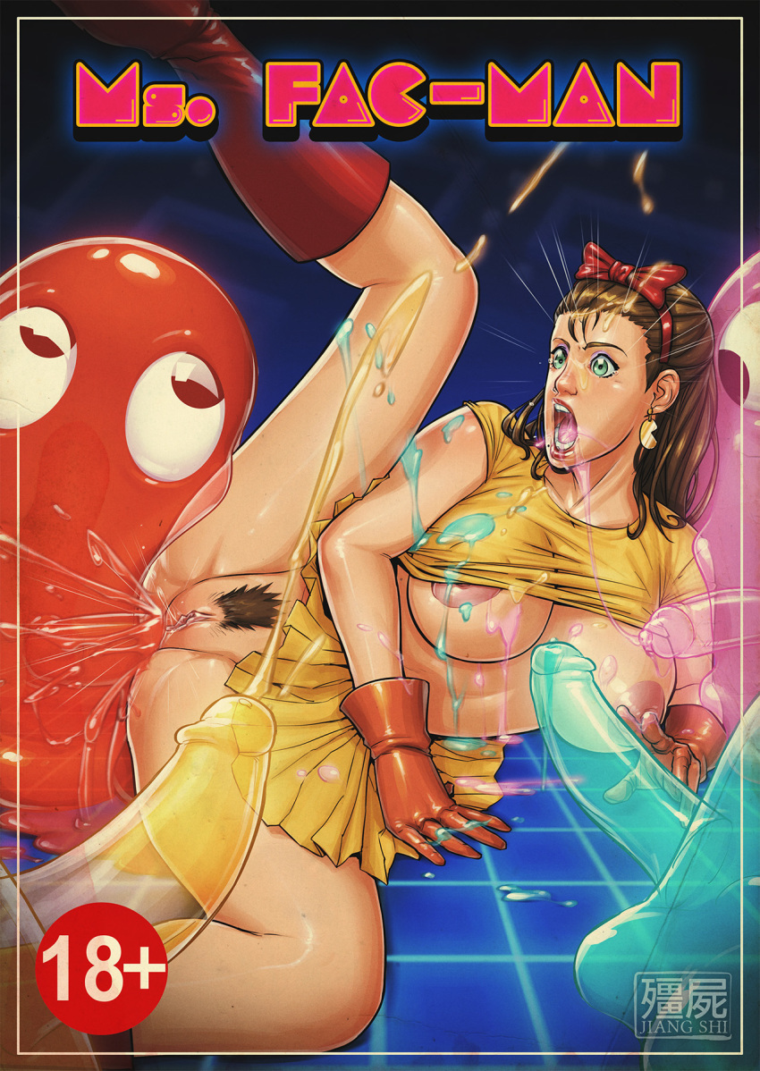 4girls big_ass blinky_(pac-man) blush bouncing_breasts breasts clitoris closed_mouth clyde_(pac-man) completely_nude dancing female_only from_below gluteal_fold hair_ornament hairless_pussy huge_ass humanization humanized inky_(pac-man) jiang_shi jitome large_filesize long_hair looking_down medium_breasts ms_pac-man multiple_girls naughty_face navel nipples nude pac-man pac-man_(series) pac-man_hair_ornament photoshop pinky_(pac-man) pussy shaking shaking_ass stockings uncensored viewed_from_below wide_hips