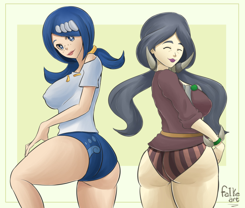 2_girls absurdres ass blue_eyes blue_hair booty_shorts clothed dracaena_(pokemon) drasna elite_four falkeart female female_only freckles hentai-foundry lana's_mother looking_at_viewer milf nintendo non-nude pokemon pokemon_(anime) pokemon_(game) pokemon_sm pokemon_xy purple_lipstick sideboob thick_thighs wide_hips
