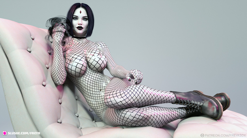 1girl 3d aged_up big_breasts chair chaise choker dark_magic dc_comics fanart female_only fishnet_bodysuit fishnets freyr3dx functionally_nude goth huge_breasts lipstick looking_at_viewer magic nipple_piercing nude nude_female on_chair pale-skinned_female pale_skin pinup purple_hair purple_lipstick purple_nail_polish purple_nails raven_(dc) simple_background slushe_(website) solid_color_background solo_female superhero superheroine teen_titans white_body white_skin