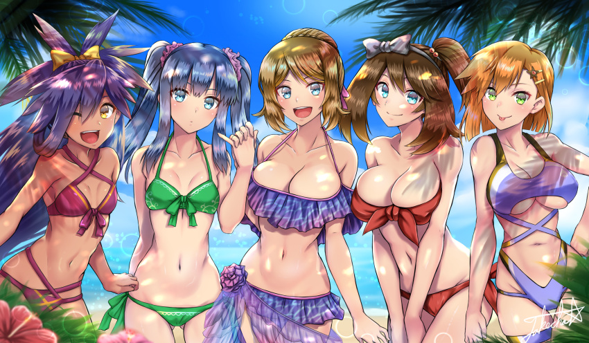 5girls :d :p ;d alluring bandanna beach big_breasts bike_shorts bikini blonde_hair blue_eyes blue_hair blue_sky bow bow_bikini braid breasts brown_eyes brown_hair cleavage commentary_request cowboy_shot creatures_(company) dark-skinned_female dark_skin dawn_(pokemon) day eyebrows_visible_through_hair frilled_bikini frills game_freak green_eyes gym_leader hair_bow hair_ornament haruka_(pokemon) hat high_res hikari_(pokemon) holding_hands humans_of_pokemon iris_(pokemon) kasumi_(pokemon) light-skinned_female looking_at_viewer maroon_eyes may_(pokemon) medium_breasts misty_(pokemon) multiple_girls nintendo ocean one_eye_closed open_mouth orange_hair outside pokemon pokemon_(anime) pokemon_(classic_anime) pokemon_(game) pokemon_black_2_&amp;_white_2 pokemon_black_and_white pokemon_bw pokemon_bw2 pokemon_diamond_pearl_&amp;_platinum pokemon_dppt pokemon_dppt_(anime) pokemon_red_green_blue_&amp;_yellow pokemon_rgby pokemon_rse_(anime) pokemon_xy pokemon_xy_(anime) ponytail revision serena_(pokemon) short_hair sky small_breasts smile star_(symbol) star_hair_ornament swimsuit take_your_pick takecha tongue tongue_out twin_tails under_boob violet_hair yellow_eyes