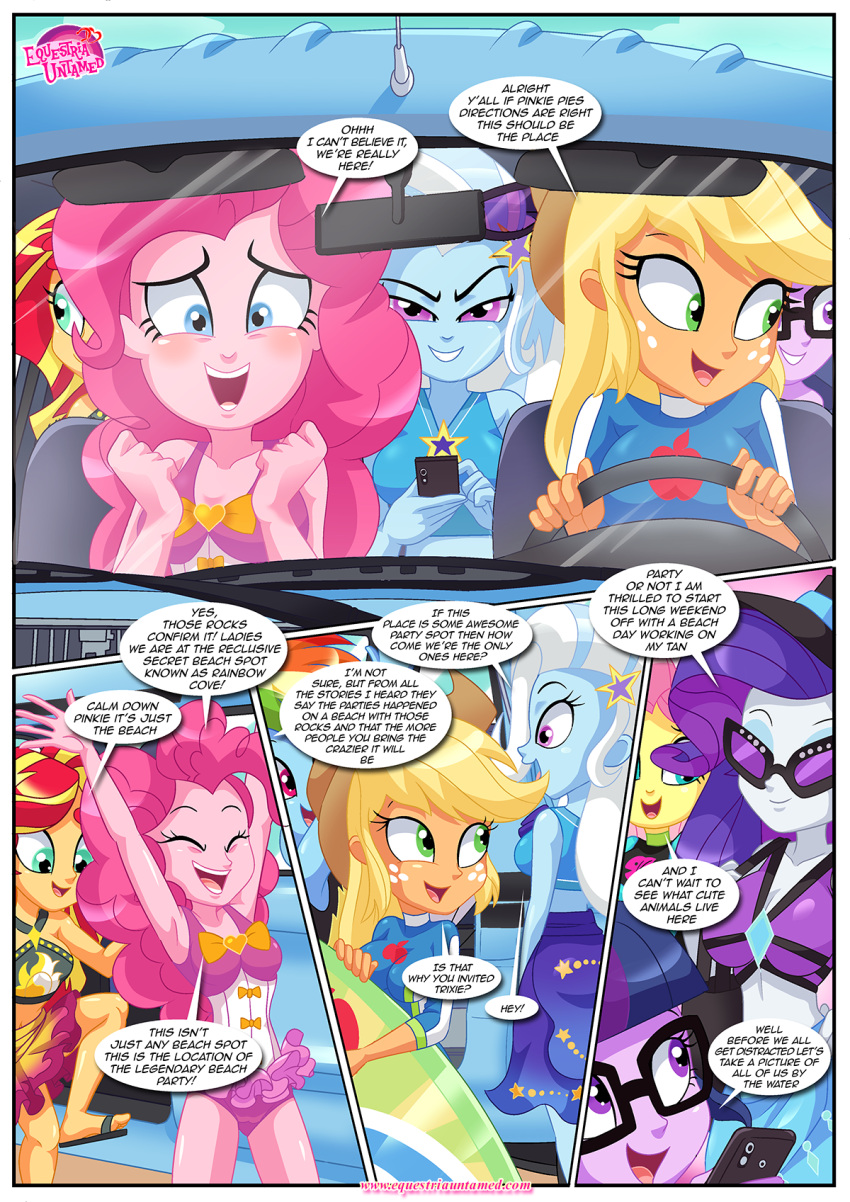 applejack applejack_(mlp) bbmbbf beach comic equestria_girls equestria_untamed fluttershy hasbro my_little_pony my_little_pony:_friendship_is_magic older older_female palcomix party_at_rainbow_cove pinkie_pie rainbow_dash rarity sci-twi sunset_shimmer trixie trixie_(mlp) trixie_lulamoon_(mlp) twilight_sparkle young_adult young_adult_female young_adult_woman
