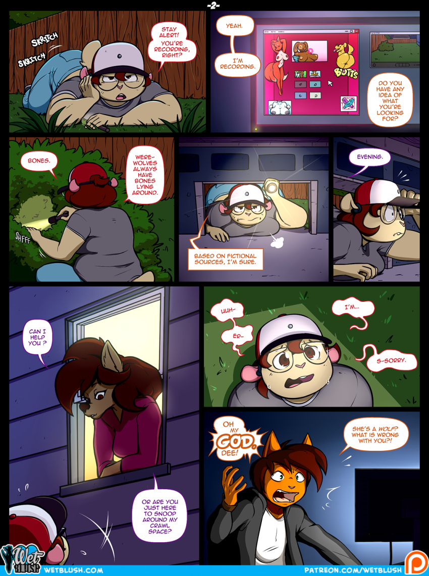 anthro ass breasts brown_hair canine caught clothed clothing comic computer dialogue english_text eyewear feline flashlight furry glasses hair hat high_res lying male mammal mouse night nipples nude on_front patreon pornography rodent sex_toy she's_a_werewolf shocked slightly_chubby slypon sweat text wetblush wolf