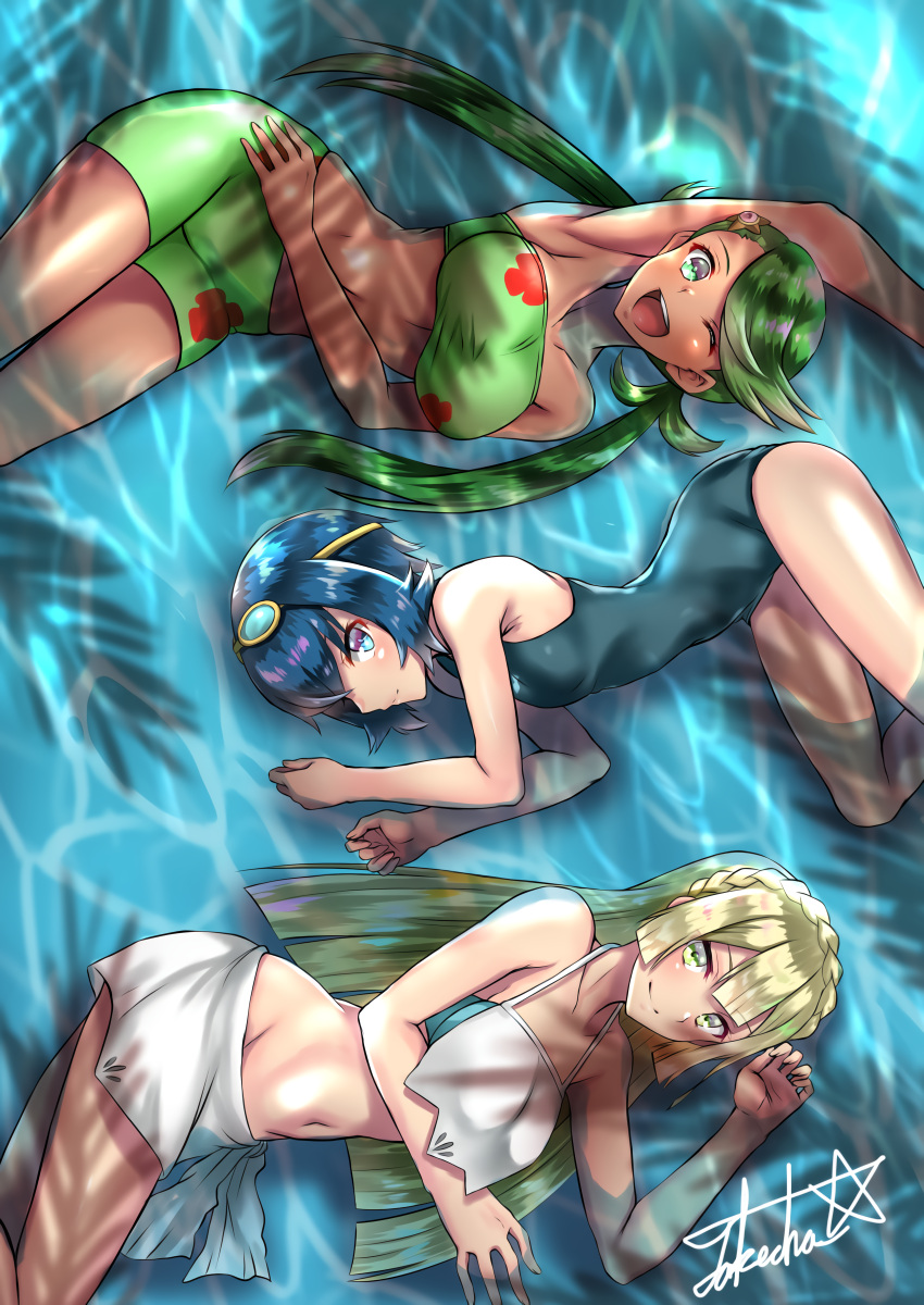 3_girls alluring arm_up armpits bare_shoulders bikini blonde_hair blue_eyes blue_hair braid closed_mouth creatures_(company) dark-skinned_female dark_skin game_freak gen_1_pokemon goggles goggles_on_head green_eyes green_hair hair_ornament hand_on_hip high_res lana lana_(pokemon) lillie lillie_(pokemon) long_hair low_twintails mallow mallow_(pokemon) midriff multiple_girls navel nintendo pokemon pokemon_(anime) pokemon_(creature) pokemon_sm_(anime) shorts signature staryu swimsuit takecha trial_captain twin_tails water
