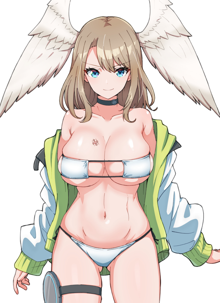 1girl alluring asymmetrical_bangs big_breasts bikini black_choker blue_eyes breasts brown_hair chest_tattoo choker closed_mouth collarbone eunie_(xenoblade) eyepatch_bikini gluteal_fold green_jacket head_wings high_res jacket kamidan looking_at_viewer medium_hair multicolored_clothes multicolored_jacket navel nintendo skindentation sleeves_past_wrists smile swimsuit tattoo thigh_strap two-tone_jacket white_background white_jacket white_wings wings xenoblade_(series) xenoblade_chronicles_3
