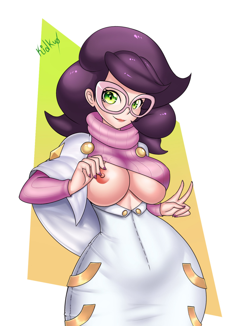 aether_foundation big_breasts glasses kidkuo looking_at_viewer nail_polish pokemon pokemon_(game) pokemon_sm purple_nails shirt_lift smile v wicke wide_hips