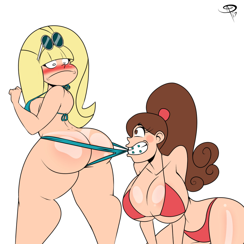 2girls ass big_breasts big_hair bikini blonde_hair blush breasts brown_eyes brown_hair bubble_ass bubble_butt cleavage coppertone disney embarrassing fat_ass fat_booty fat_butt frostbiteboi gravity_falls large_breasts long_hair looking_back looking_down mabel_pines multiple_girls pacifica_northwest sexy sexy_ass sexy_body sexy_pose shiny shiny_skin smelly_ass smile sunglasses surprise tan tan_line thong white_background wide_hips