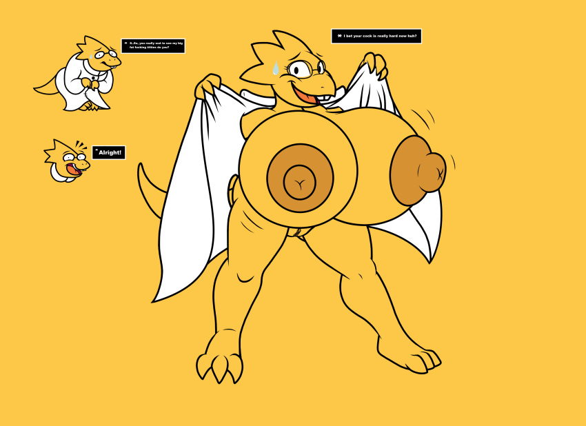 1girl 2016 absurd_res alphys alphys_(undertale) anthro badgerben big_breasts blush breasts breasts_bigger_than_head clothing edit english_text flashing high_res huge_breasts lizard monster nipples non-mammal_breasts non-mammal_nipples pussy reptile scalie simple_background skullman777 solid_color_background text undertale undertale_(series) video_games yellow_background