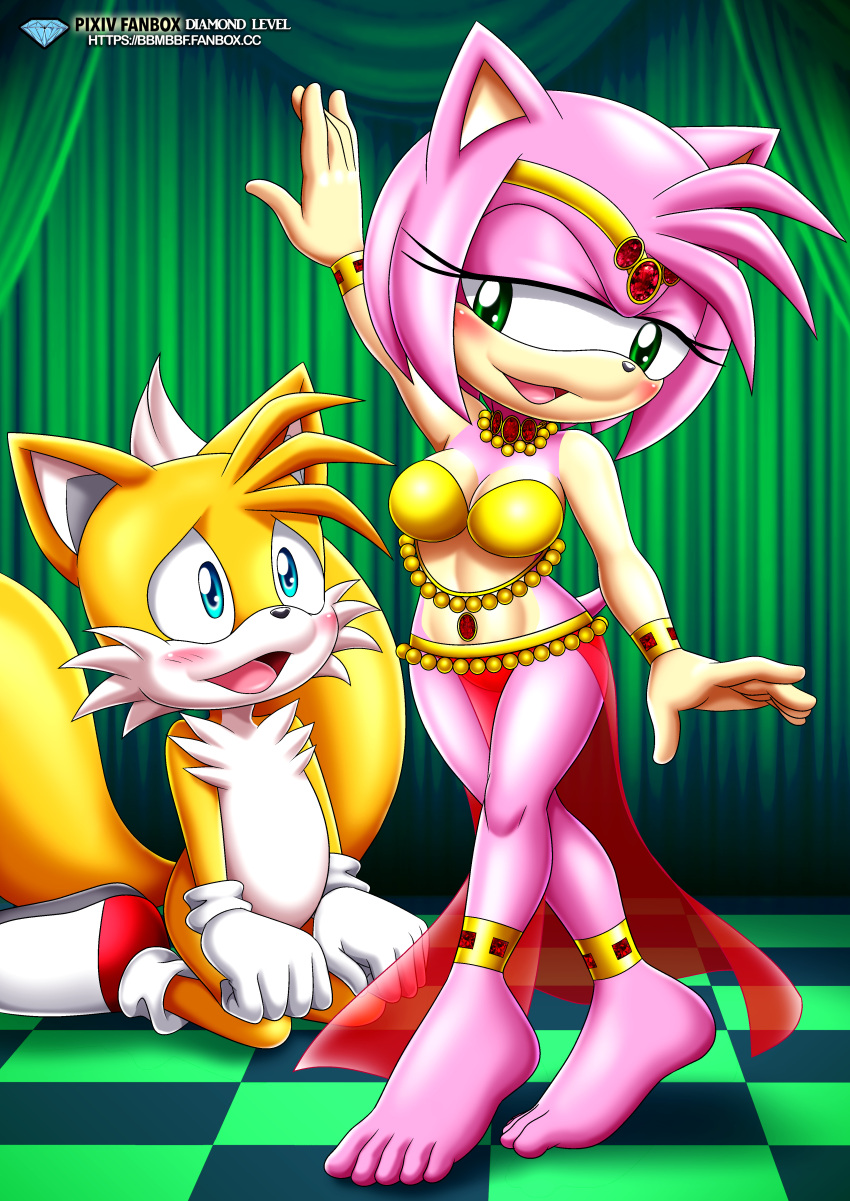 amy_rose bbmbbf belly_dancer belly_jewel dancer feet full_body miles_"tails"_prower mobius_unleashed palcomix pietro's_secret_club sega