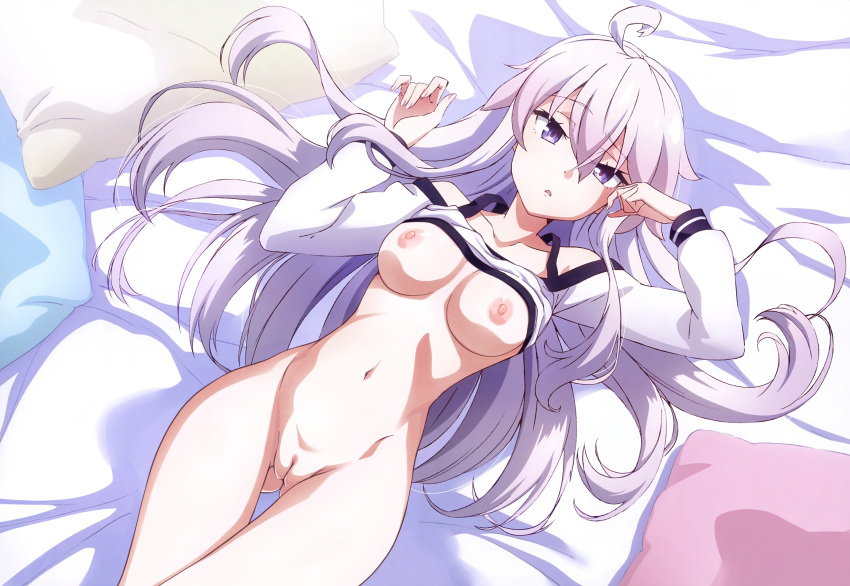 1girl ahoge areola bed bed_sheet breasts clavicle eyebrows_visible_through_hair functionally_nude high_resolution large_filesize long_hair looking_at_viewer lying medium_breasts navel nipples nude_filter on_back on_bed open_mouth photoshop purple_eyes pussy shirt_lift thighs uncensored underboob very_high_resolution white_hair zero_(zero_kara_hajimeru_mahou_no_sho) zero_kara_hajimeru_mahou_no_sho