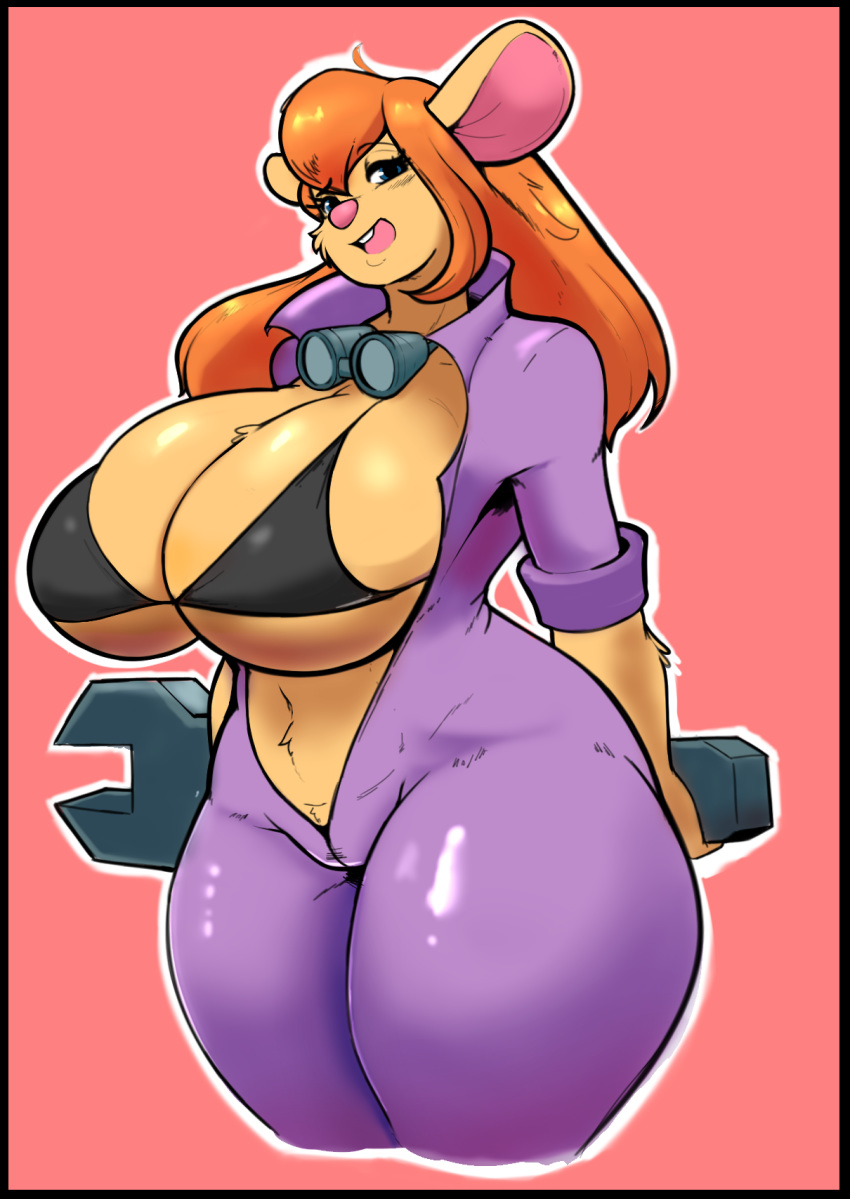 1girl 1girl 2017 anthro big_breasts black_border blue_eyes border breasts buckteeth chip_'n_dale_rescue_rangers clothed clothing disney eikasianspire eyewear furry gadget_hackwrench goggles hair hands_behind_head high_res huge_breasts long_hair mammal mouse open_mouth orange_hair pink_nose rodent simple_background teeth tools wrench