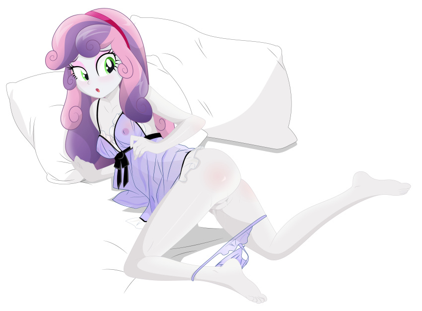 1girl aged_up ass bottomless breasts equestria_girls female female_only friendship_is_magic green_eyes looking_at_viewer mostly_nude my_little_pony nightgown no_bra panties panties_around_legs panties_down pussy see-through see-through_panties solo sweetie_belle transparent transparent_clothing