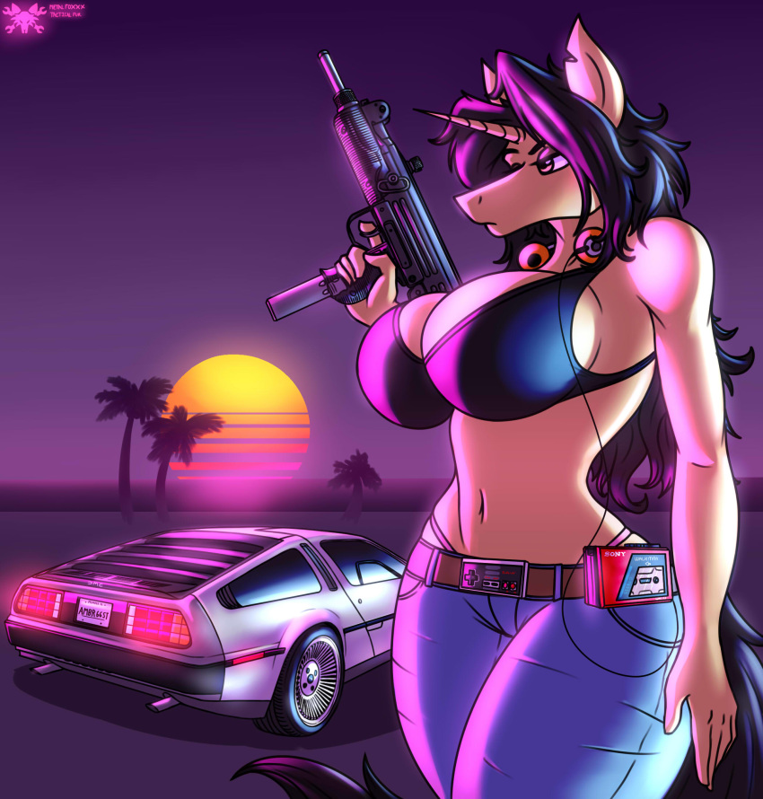 1girl 1girl 2017 5_fingers anthro belt big_breasts breasts cleavage clothed clothing delorean equine furry gun headphones high_res horn jeans mammal metalfoxxx midriff navel neon nes palm_trees pants ranged_weapon submachine_gun sunset unicorn uzi walkman weapon wide_hips