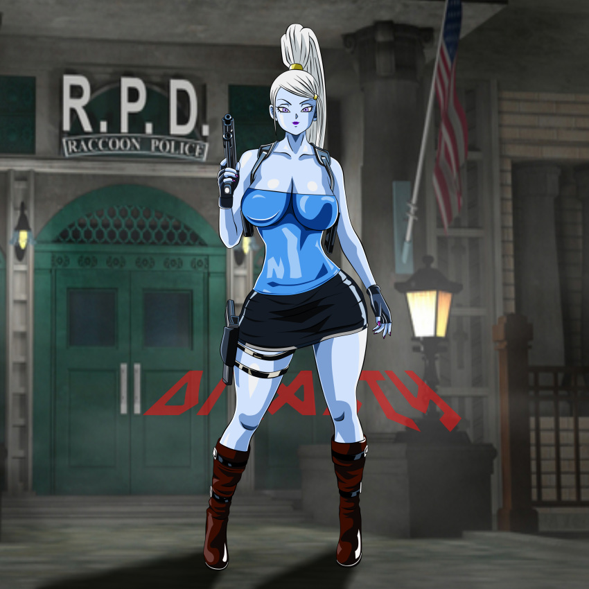 big_breasts breasts cleavage cosplay crossover dicasty dicasty1 dragon_ball dragon_ball_super dragon_ball_z female gun jill_valentine resident_evil resident_evil_3 solo vados weapon