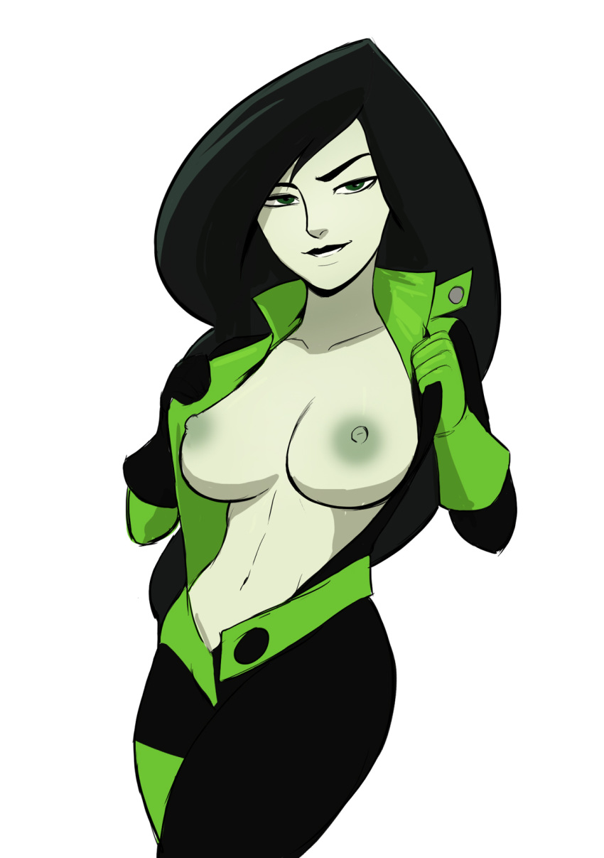 1girl big_breasts black_hair black_lips breasts busty dark_hair disney female female_only flashing green_eyes green_skin kim_possible large_breasts long_hair looking_at_viewer naavs navel nipples no_bra nude shego smile solo standing white_background