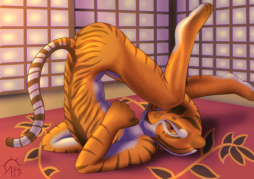 1girl absurd_res anthro ass cat feline flexible furry high_res kung_fu_panda mammal master_tigress nude orange_eyes sacrificabominat stripes tiger yellow_sclera