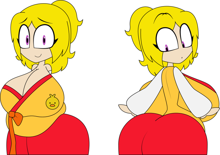 1girl 2015 animatronic ann_(fnafhs) ass_focus bbw belly big_ass big_booty big_breasts big_butt blonde_hair chica_(fnaf) clothed_female dress female_only five_nights_at_freddy's fnafhs hanbok huge_ass huge_breasts humanized looking_at_viewer looking_back purple_eyes smile