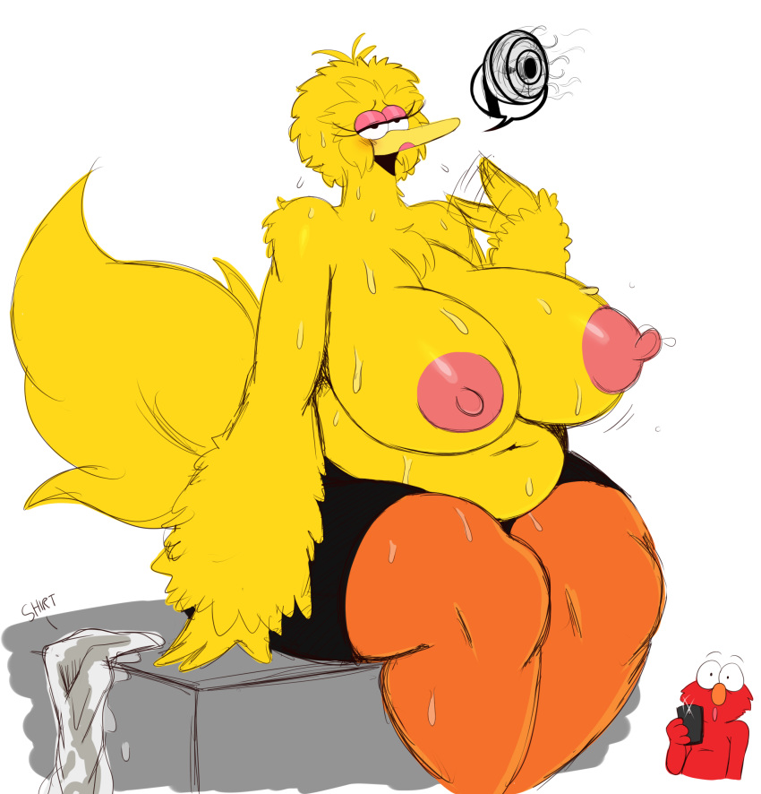 1girl 2017 anthro areola avian belly big_belly big_bird big_breasts bird breasts clothed clothing duo elmo erect_nipples furry high_res huge_breasts male mostly_nude muppet muppets navel nipples overweight overweight_female sesame_street shorts sitting slightly_chubby sssonic2 sweat tagme thick_thighs topless