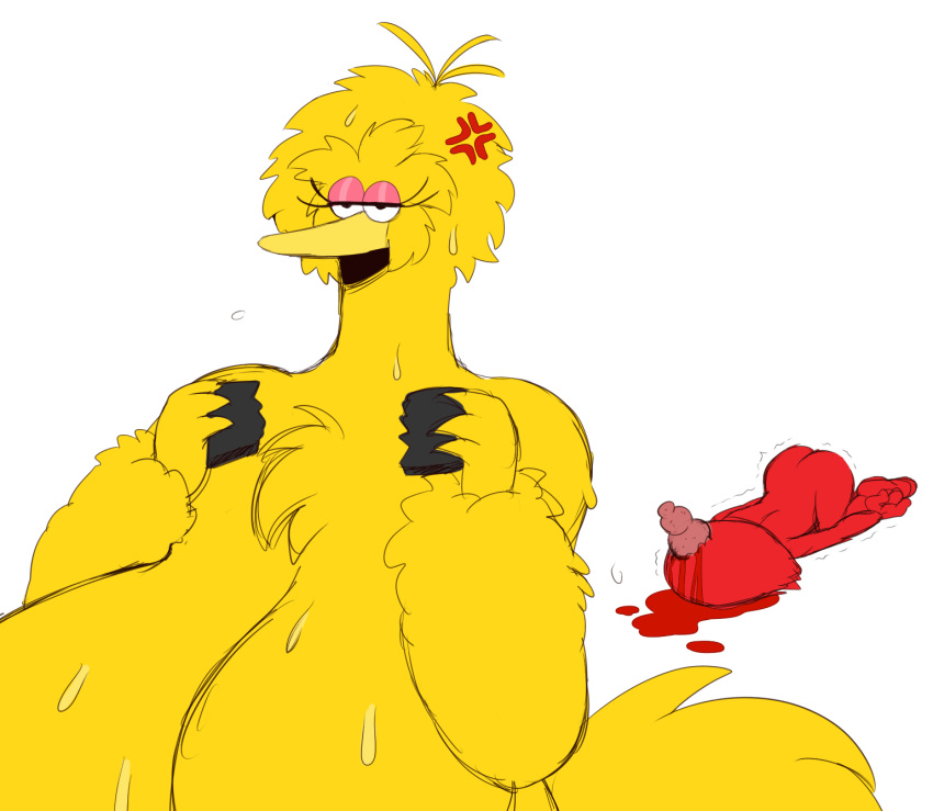 1girl annoyed anthro avian big_bird bird blood breasts cleavage clothed clothing duo elmo furry male muppet muppets overweight overweight_female sesame_street slightly_chubby sssonic2 sweat tagme