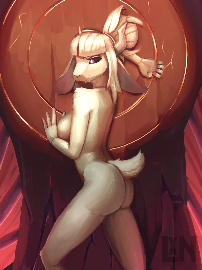 1girl 1girl 3:4 alternate_species bovid breasts caprine furrification goat goat_lucifer_(helltaker) goat_tail hair helltaker high_res horn humanoid lennoxicon looking_at_viewer looking_back looking_back_at_viewer lucifer_(helltaker) lying mammal nude on_side red_eyes white_hair