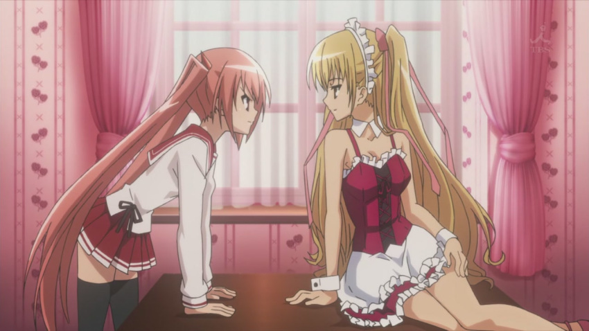 2girls alternate_costume angry anime arm_support bare_legs bare_shoulders black_legwear blonde blonde_hair breasts brown_eyes cleavage closed_mouth detached_collar dress eye_contact female female_only frilled_dress frills hair_ornament hair_ribbon hand_on_leg hand_on_own_leg headdress hidan_no_aria indoors kanzaki_h_aria leaning leaning_forward legs looking_at_another maid maid_headdress medium_breasts mine_riko multiple_girls neck on_table pink_hair pink_ribbon pleated_skirt red_dress red_eyes red_sailor_collar red_skirt ribbon sailor_collar school_uniform seductive_smile serafuku short_dress sitting skirt smile standing stockings table twin_tails two_side_up very_long_hair window wrist_cuffs