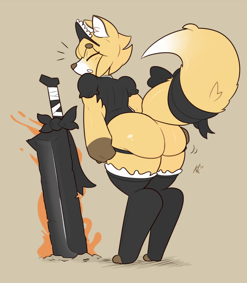 1girl 2017 ambiguous_gender anthro ass big_ass canine clothed clothing fox furry girly gloves_(marking) high_res kilinah maid_uniform mammal markings melee_weapon surprise sword uniform weapon