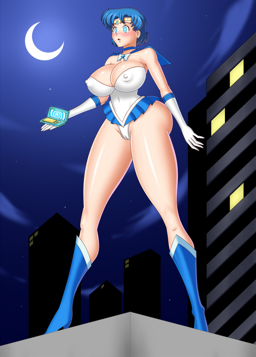 1_girl 1girl ami_mizuno ass big_ass big_breasts bishoujo_senshi_sailor_moon blue_eyes blue_hair bluebullpen boots breasts buildings cameltoe city cleavage erect_nipples female female_only hypnotic_screen mind_control mizuno_ami night nipples outdoor outside sailor_mercury sailor_moon solo spiral_eyes standing