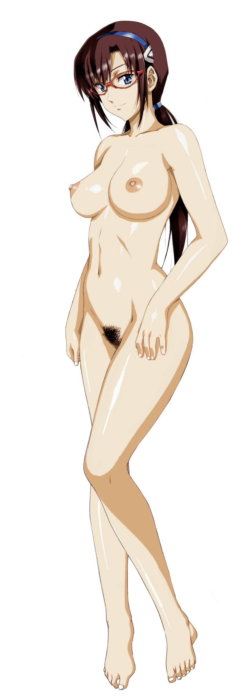 1girl 1girl areola big_breasts blue_eyes breasts brown_hair feet female_only high_resolution legs long_hair looking_at_viewer makinami_mari_illustrious megane neon_genesis_evangelion nipples nude pubic_hair rebuild_of_evangelion sideboob simple_background thighs third-party_edit tied_hair twin_tails urushihara_satoshi very_high_resolution white_background