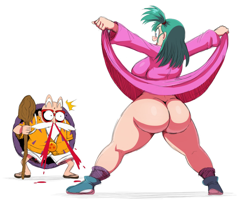 1boy 1girl 80s aqua_hair ass bare_legs big_breasts blood blue_eyes bottomless braid breasts bulma butt_crack curvy dragon_ball eric_lowery huge_ass long_hair no_panties old_man pantyshot plump ponytail shiny_skin shoes side_ponytail smile spread_legs standing thick_thighs wide_hips