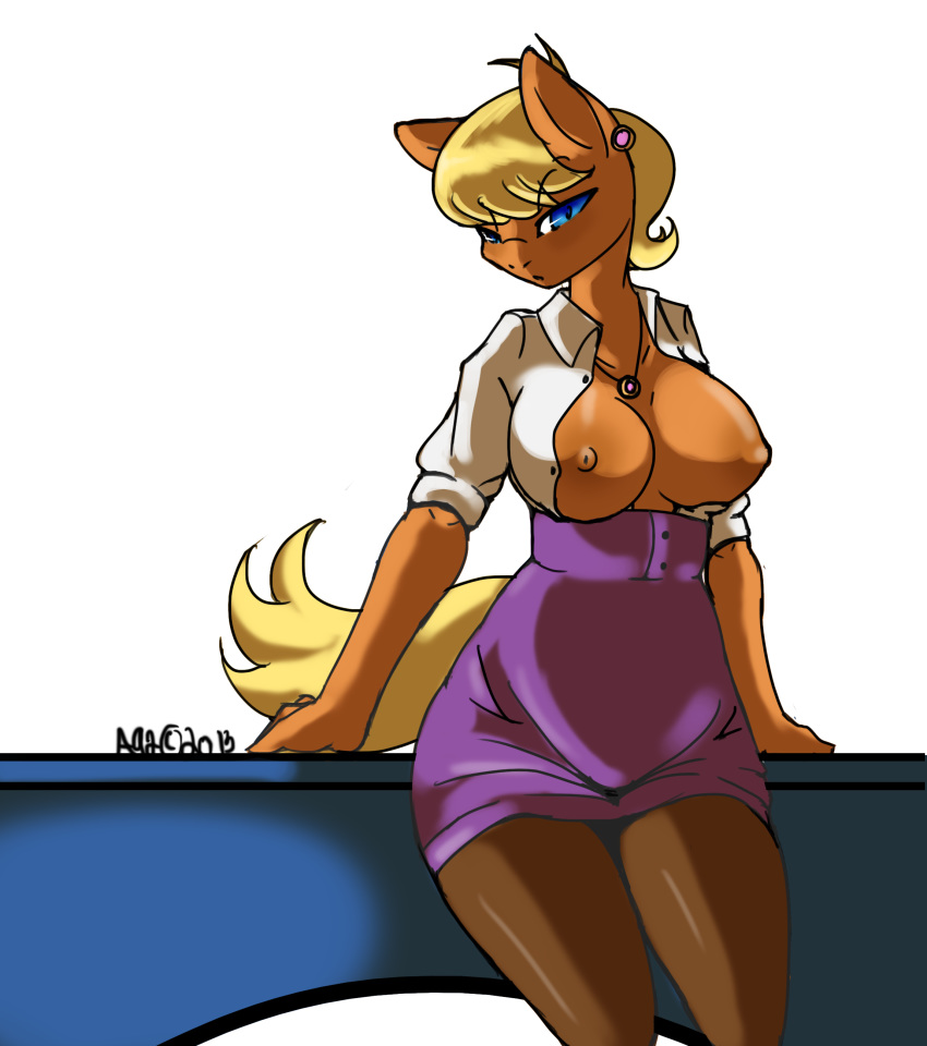 1girl 1girl 2013 anthro anthrofied avante92 big_breasts blonde_hair blue_eyes breasts clothing desk earth_pony equine friendship_is_magic furry hair high_res horse jewelry legwear looking_at_viewer mammal ms_harshwhinny_(mlp) my_little_pony necklace piercing pony simple_background skirt stockings white_background
