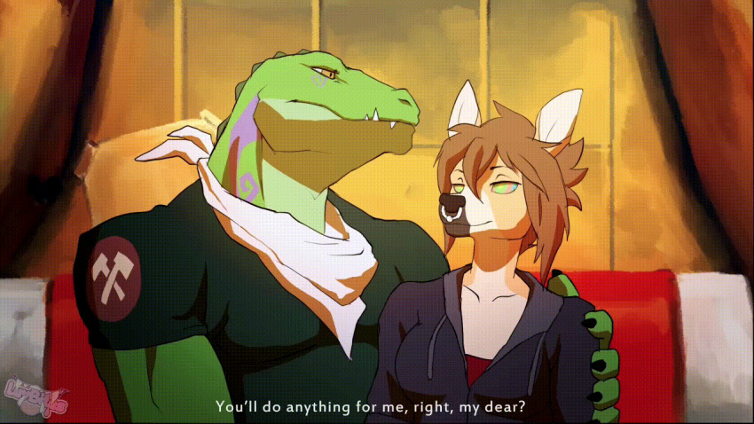 1_female 1_male 1boy 1girl 2_anthros alligator_boy anthro bottomless brooke_(luvbites) brown_hair clothed dazed deer_girl dialogue duo english_text erection extremely_large_filesize fangs female femsub furry gif happy_trance hugging hypnotic_eyes kaa_eyes large_filesize lizard_boy luvbites male/female maledom nose_ring panties penis pussy pussy_juice screenshot short_hair sitting sitting_on_lap smile spread_legs spread_pussy stockings tagme text underwear vincent_(luvbites)