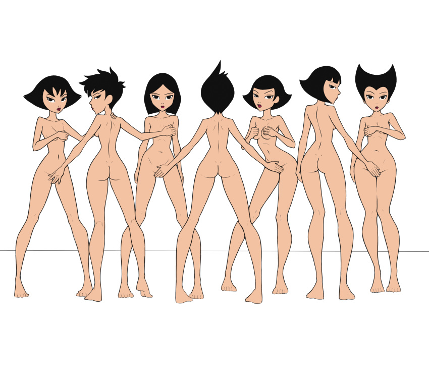 7girls aki_(samurai_jack) ami_(samurai_jack) ashi_(samurai_jack) avi_(samurai_jack) black_eyes black_hair cover_up covering_breasts covering_crotch daughters_of_aku haich lipstick name_your_order red_lipstick samurai_jack short_hair take_your_pick