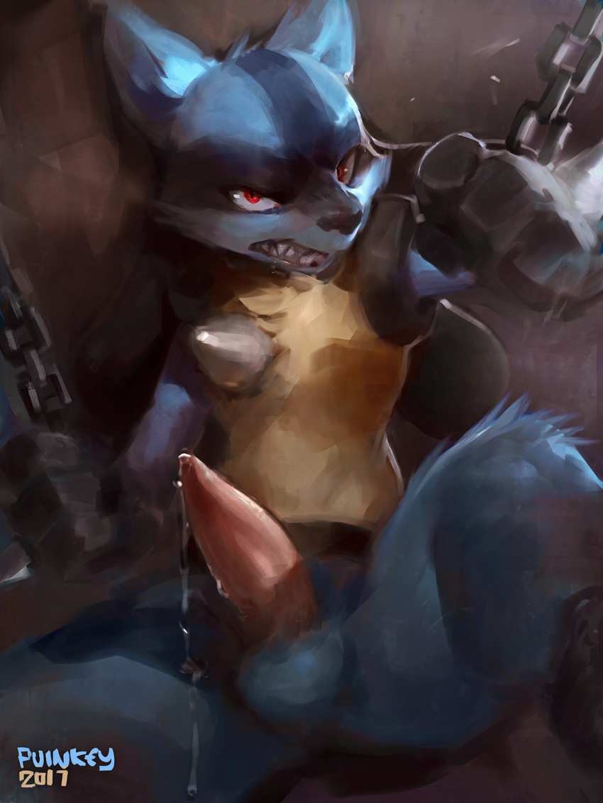 1_boy 1_male 2017 4_fingers anger angry animal_genitalia animal_penis anthro bdsm big_penis black_fur black_nose blue_fur canine chains digitigrade erection fangs fists glowing glowing_eyes high_res looking_at_viewer lucario male male_only mammal nintendo nude paint penis pok&eacute;mon puinkey red_eyes sitting solo spikes struggling testicles video_games yellow_fur