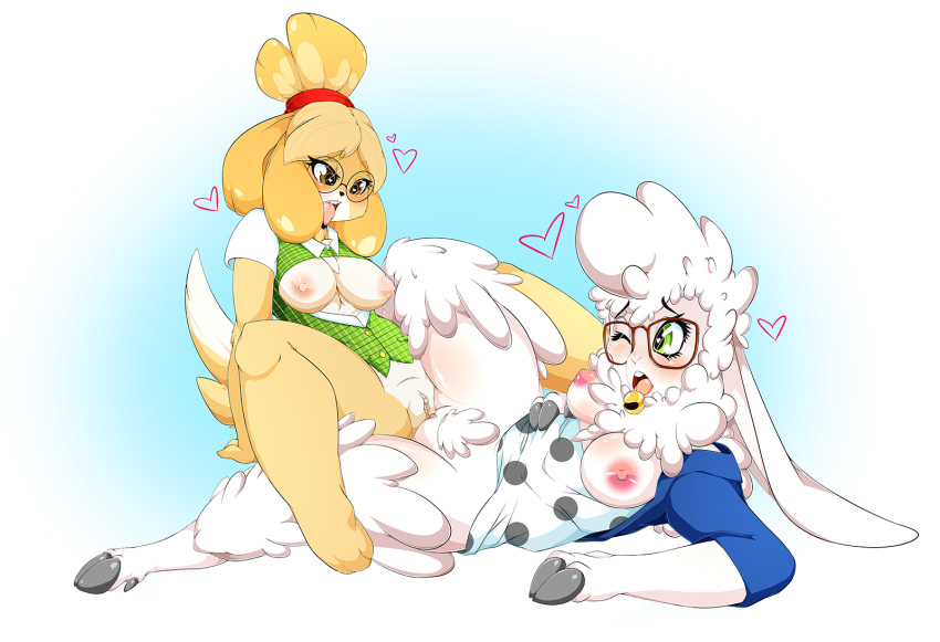 &lt;3 1girl 2016 animal_crossing anthro areola bell_collar big_breasts blush breasts brown_eyes canine caprine clitoris clothed clothing collar crossover dawn_bellwether disney dog duo erect_nipples female/female furry green_eyes interspecies isabelle_(animal_crossing) mammal nintendo nipples one_eye_closed open_shirt pussy raised_dress sex sheep simple_background spread_legs spreading thetroon tribadism video_games zootopia