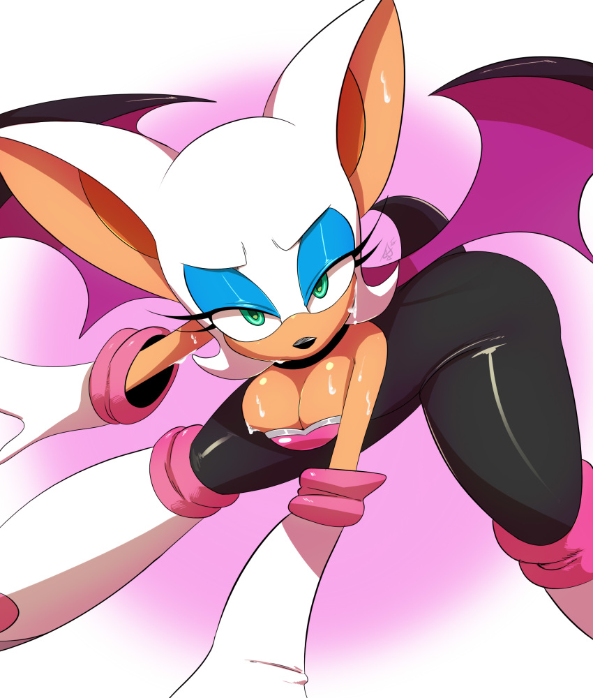 1girl 2015 anthro bat big_breasts breasts cleavage clothed clothing eyelashes female female_only furry green_eyes highres mammal membranous_wings rouge_the_bat sega sonic_(series) sweat thehumancopier tight_clothing wings