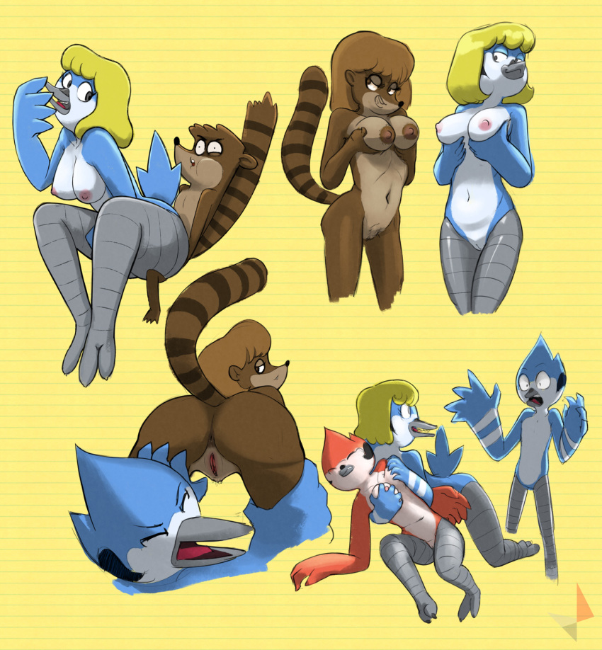 1girl anthro anus areola ass avian barbera_(regular_show) bird blonde_hair blue_jay breast_grab breasts brown_hair cartoon_network claws closed_eyes corvid d-rock female/female furry hair half-closed_eyes hand_on_breast high_res looking_back male male/female mammal margaret margaret_smith_(regular_show) mature_female mordecai's_mom mordecai_(regular_show) multiple_positions navel nipples non-mammal_breasts nude open_mouth presenting presenting_breasts presenting_hindquarters pussy raccoon raised_tail rear_view regular_show rigby_(regular_show) robin_(bird) seductive simple_background smile smirk teeth thick_thighs toe_claws tongue