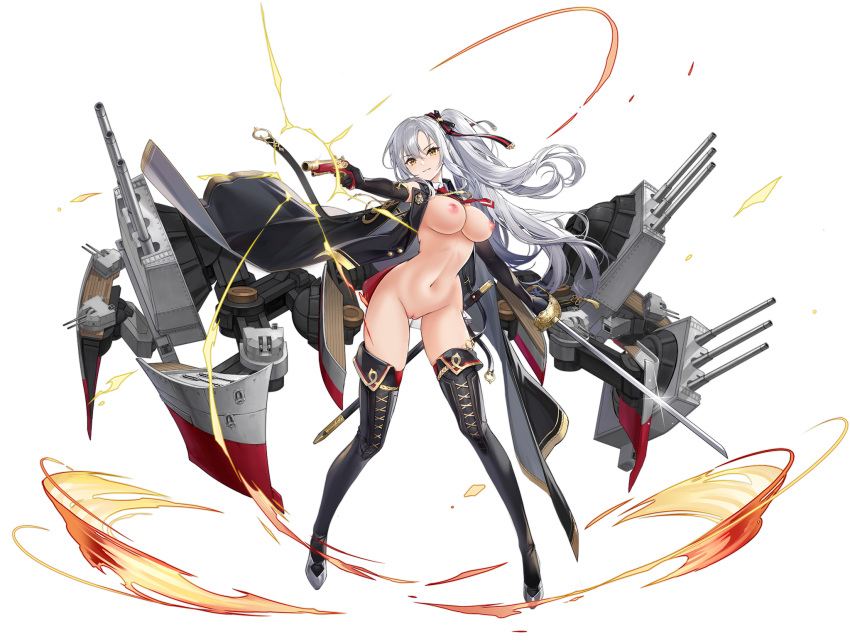1girl 4:3_aspect_ratio areola artist_request asymmetrical_hair azur_lane bare_shoulders big_breasts black_cape black_footwear black_gloves breasts cape cleavage drake_(azur_lane) elbow_gloves elpx_(gu_jian_shaonu) gloves gun hair_ornament handgun high_resolution long_hair looking_at_viewer nipples nude nude_filter orange_eyes pistol ponytail rigging side_ponytail silver_hair stockings strapless sword third-party_edit tied_hair transparent_background turret weapon world_of_warships