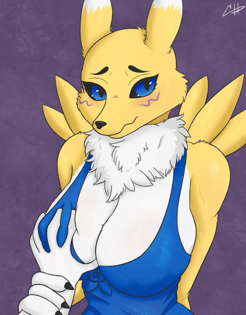 1girl 1girl 2017 anthro big_breasts blue_eyes blush breast_grab breasts canine clothing cooliehigh digimon fox fur furry hand_on_breast mammal renamon smaller_version_at_source tuft white_fur yellow_fur