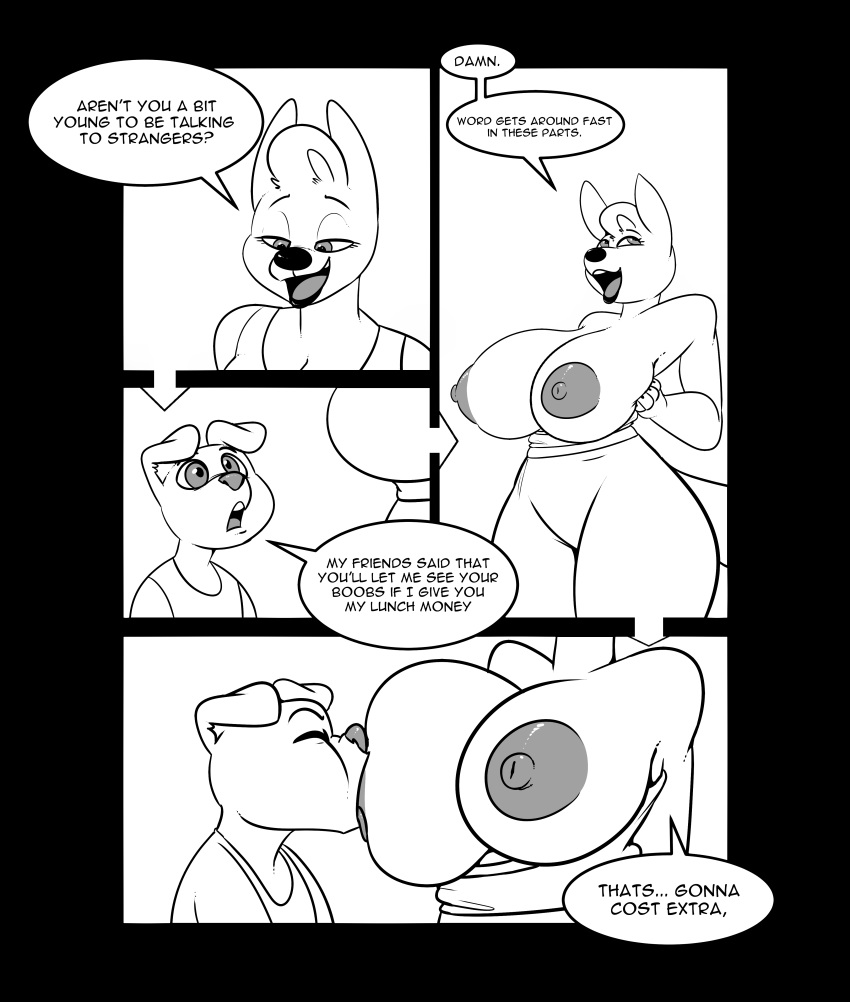 1girl 2017 absurd_res age_difference anthro big_breasts breast_suck breasts canine clothed clothing comic dianna_(komponi) dog duo english_text furry hand_on_breast highres huge_breasts komponi larger_female male mammal mature_female nipples older_female prostitution size_difference smaller_male speech_bubble sucking text thick_thighs topless wide_hips