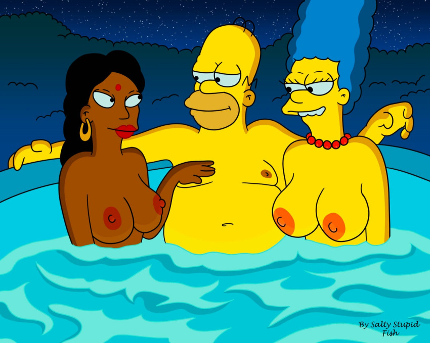 breasts erect_nipples homer_simpson hot_tub large_areolae manjula_nahasapeemapetilon marge_simpson the_simpsons threesome