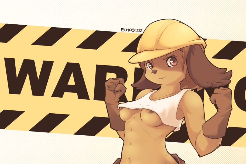 1girl 4_fingers anthro areola armor breasts brown_eyes brown_hair brown_nose canine clothing dog echoseed eyebrows eyelashes furry gloves hair helmet looking_at_viewer mammal text underboob