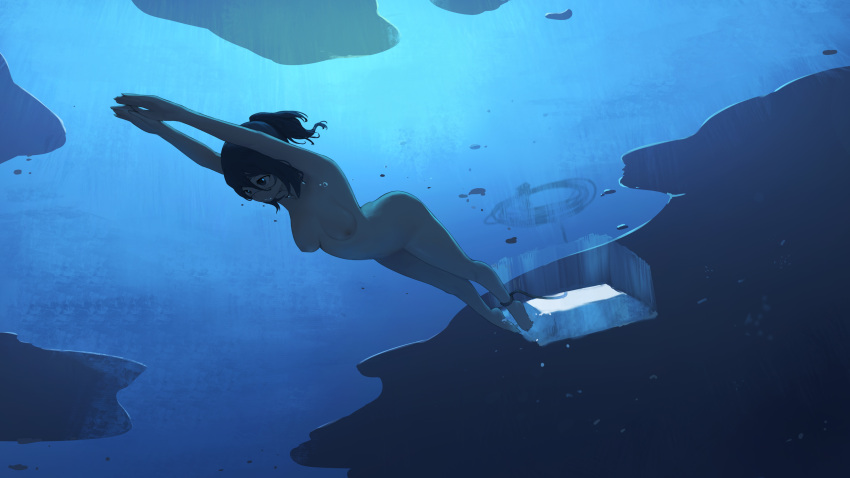 16:9_aspect_ratio 1girl 1girl 1girl air_bubble breasts brown_hair bubble completely_nude diving_mask freediving high_resolution ice long_hair medium_breasts nipples nude original ponytail rope rou_(rou22) swimming tied_hair underwater very_high_resolution water