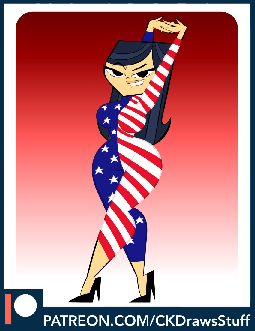 4th_of_july american_flag biting_lip black_eyes blue_hair bodypaint breasts codykins123 emma high_heel long_hair looking_at_viewer nude paint smile the_ridonculous_race total_drama_island