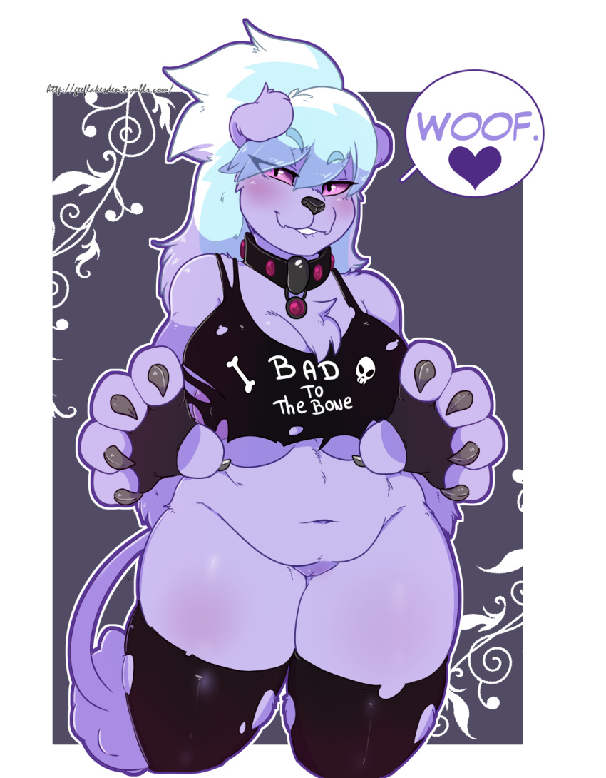 1girl 2017 5_fingers alternate_species anthro areola arnachy belly big_breasts blue_hair blush bottomless breasts canine chest_tuft claws clothed clothing cloud_chaser_(mlp) collar diamond_dog_(mlp) digital_media_(artwork) dog english_text eyebrows friendship_is_magic furry hair heart high_res huge_breasts legwear looking_at_viewer mammal multicolored_hair my_little_pony navel purple_sclera pussy shirt slightly_chubby stockings text thick_thighs tuft two_tone_hair underboob white_hair