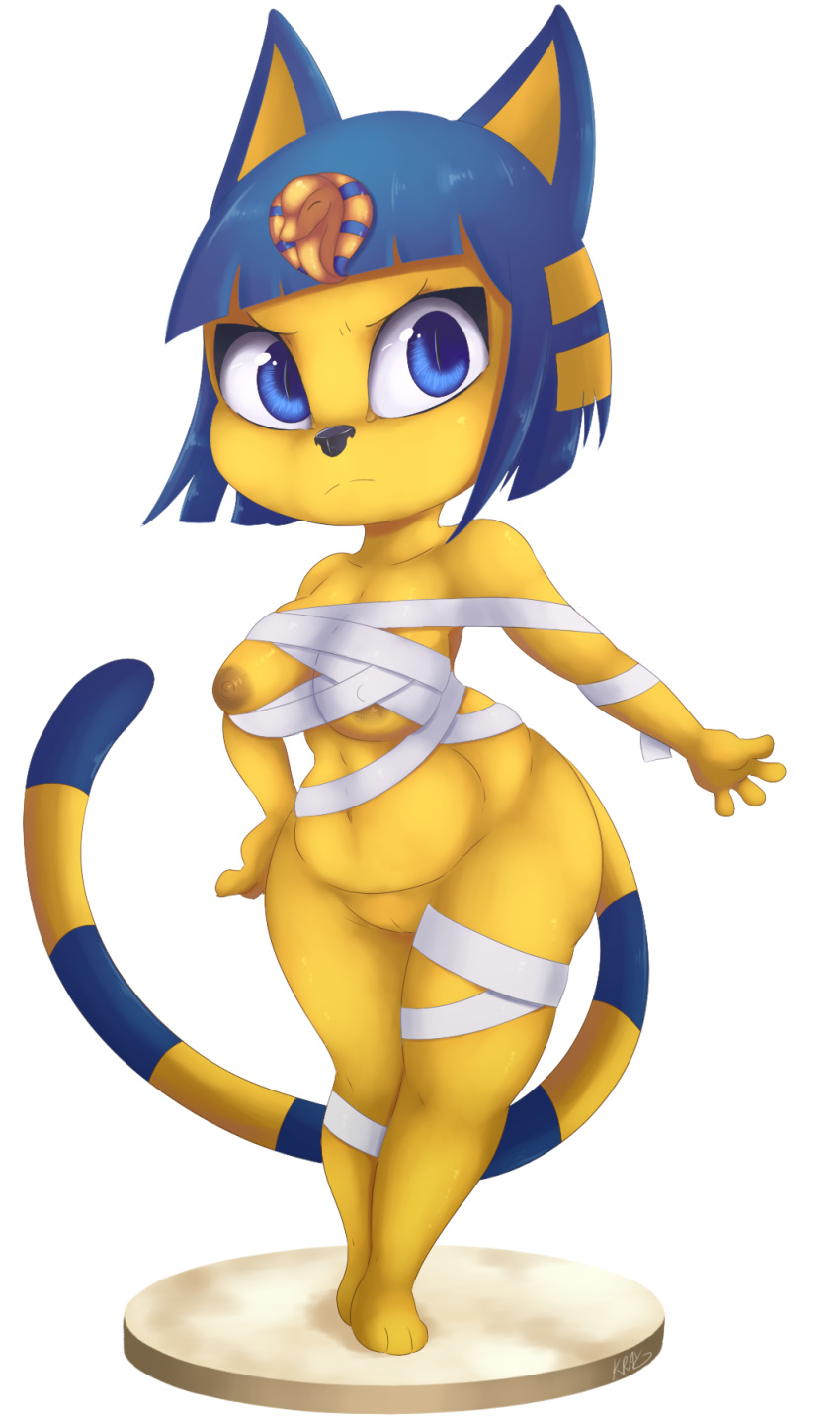 animal_crossing ankha ankha_(animal_crossing) anthro areola blue_eyes blue_hair breasts cat egyptian feline female furry hair high_res krayboost looking_at_viewer mammal navel nintendo nipples pussy short_hair simple_background solo toes video_games voluptuous white_background wraps