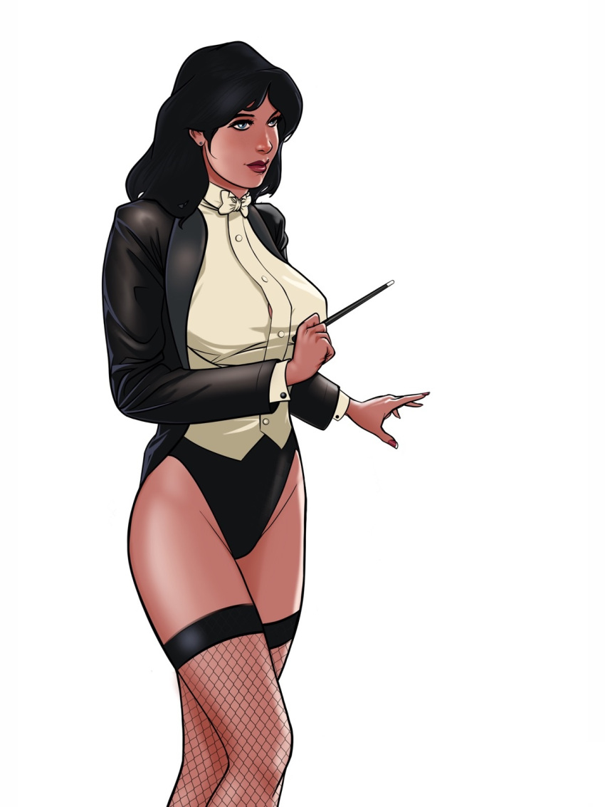 1_girl 1girl batman_(series) big_breasts black_hair blue_eyes breasts brunette clothed dc dc_comics female female_only female_solo japes justice_league long_hair magician smile solo standing white_background zatanna zatanna_zatara