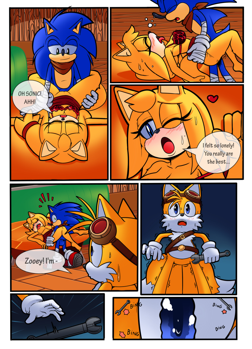 1girl anthro big_breasts big_penis breasts canine clothing comic dreamcastzx1 fox furry hedgehog lingerie male mammal miles_"tails"_prower penis raianonzika raianonzika_(artist) sega sonic_boom sonic_the_hedgehog text zooey_the_fox